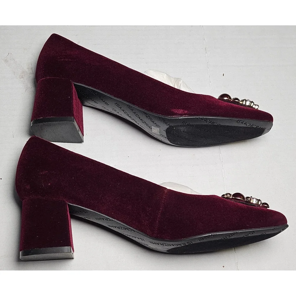 Isaac Mizrahi Live Embellished Velvet‎ Block Heel Pumps Wine Burgundy Womens 7M
